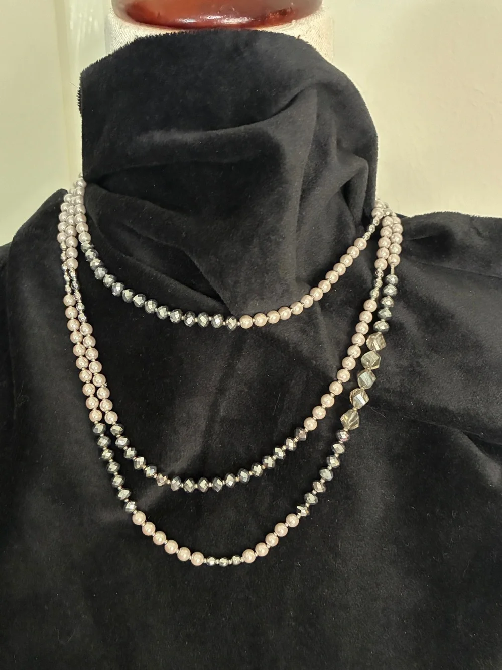 60-inch beaded necklace mix of soft gray faux pearls & faceted crystal beads